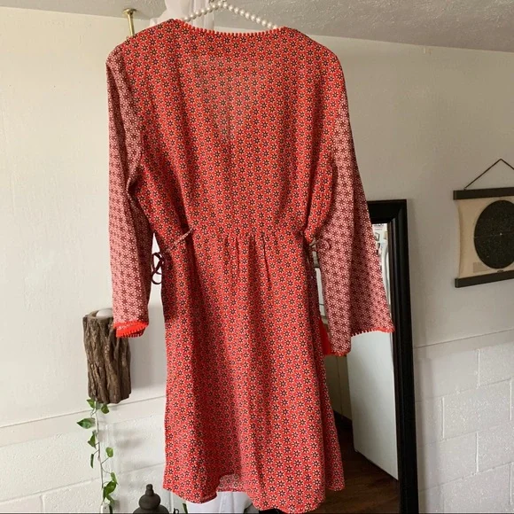 Boden Red Floral Print Tunic Dress Tassel Pom Pom - Picture 11 of 13